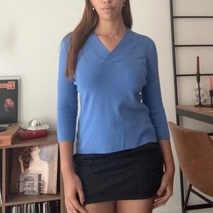 Evie Blue Ribbed V-Neck 3/4 Sleeve Knit Top Sweater Cornflower Blue
